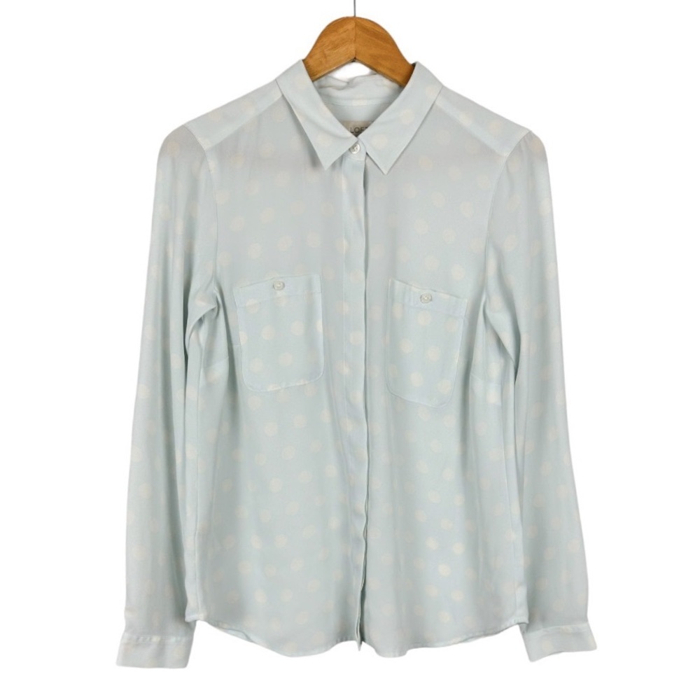 LOFT Ann Taylor Baby Blue Polka Dot Blouse Size Small